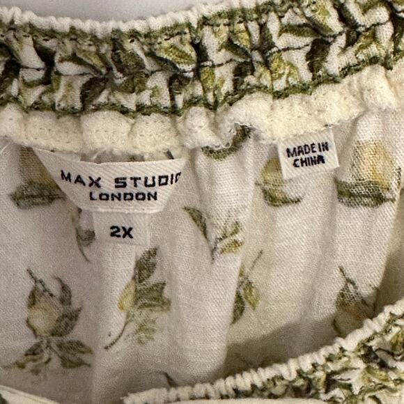 Max Studio Peasant Top Womens Size 2X Lemon Print Cream Green Citrus Boho Knit - Picture 6 of 10